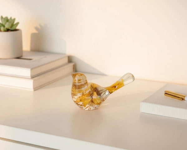 Sunflower resin bird decor with clear body, embedded real dried yellow sunflower petals, and gold leaf accents.