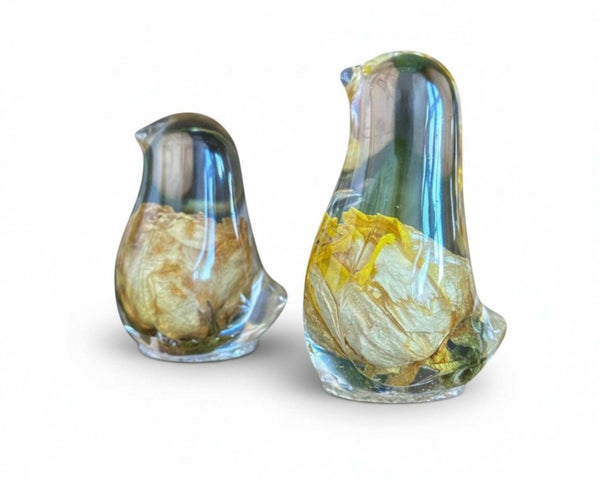 Golden Songbird - Handmade Yellow Rose Bloom Resin Bird Sculpture