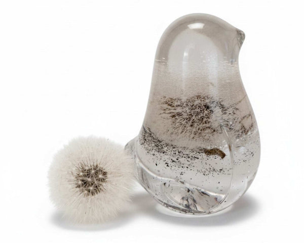 Wish Keeper Songbird dandelion resin bird decor with whole preserved dandelion clock in clear resin, handmade Canada
