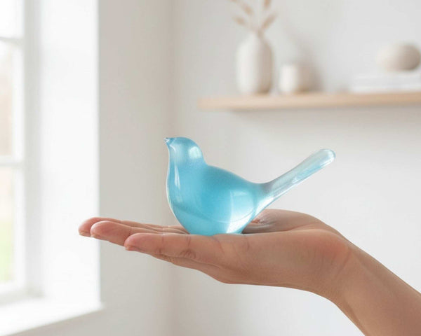 teal glow resin bird decor, glossy translucent blue-green bird figurine with a rounded body and raised tail