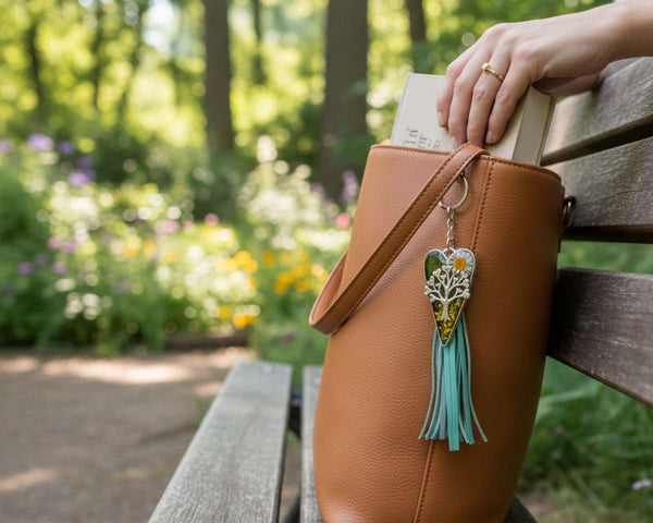Secret Garden Bag Charm & Silver Tree of Life heart charm with a moss green resin background, real yellow flowers, and a tiny daisy, featuring a green leather tassel.