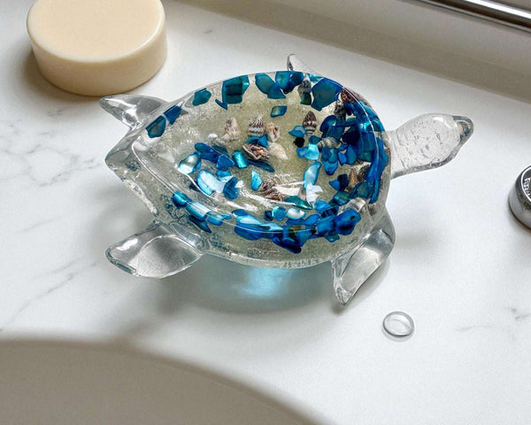 Ocean Treasure Turtle Trinket Tray–Handmade Resin Turtle with Seashell
