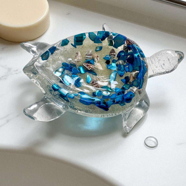 Ocean Treasure Turtle Trinket Tray–Handmade Resin Turtle with Seashell