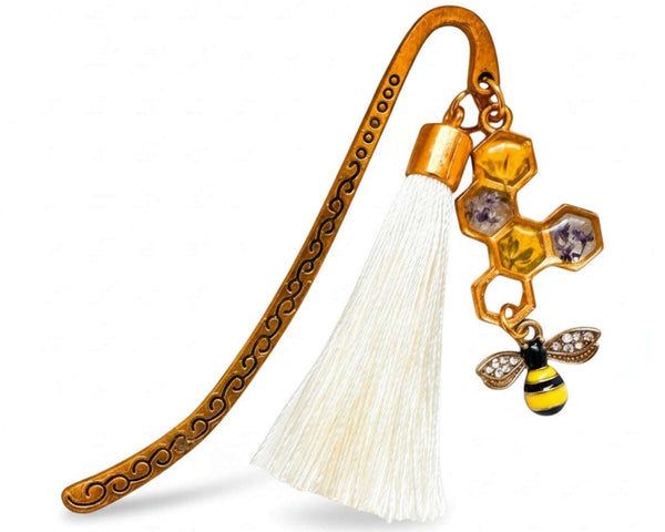 Golden Hive Bookmark honey bee bookmark handmade with real dried flowers in gold honeycomb and rhinestone bee charm