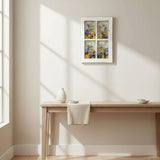 Pressed Flower Window Frame wall art in white distressed wood, with four clear panes of colorful pressed flowers and a dragonfly.