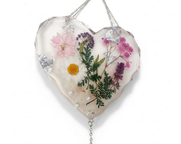 Garden Whisper Suncatcher pressed flower resin suncatcher heart with real daisies pink and purple flowers, handmade Canada