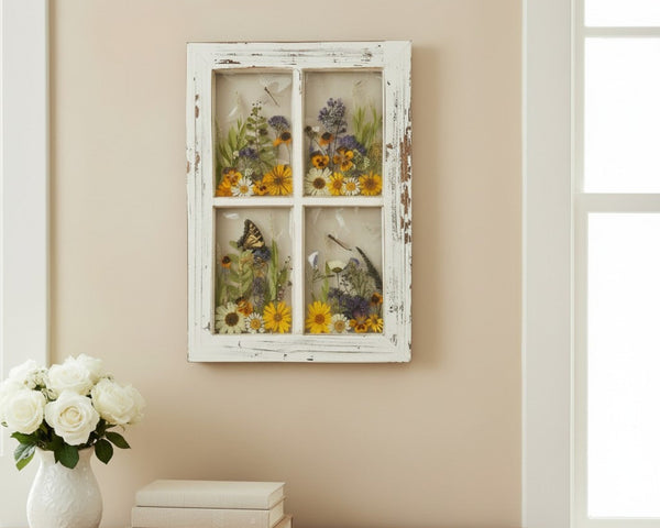 Pressed Flower Window Frame with a distressed white wood frame featuring four panes of real dried wildflowers and insects in clear resin