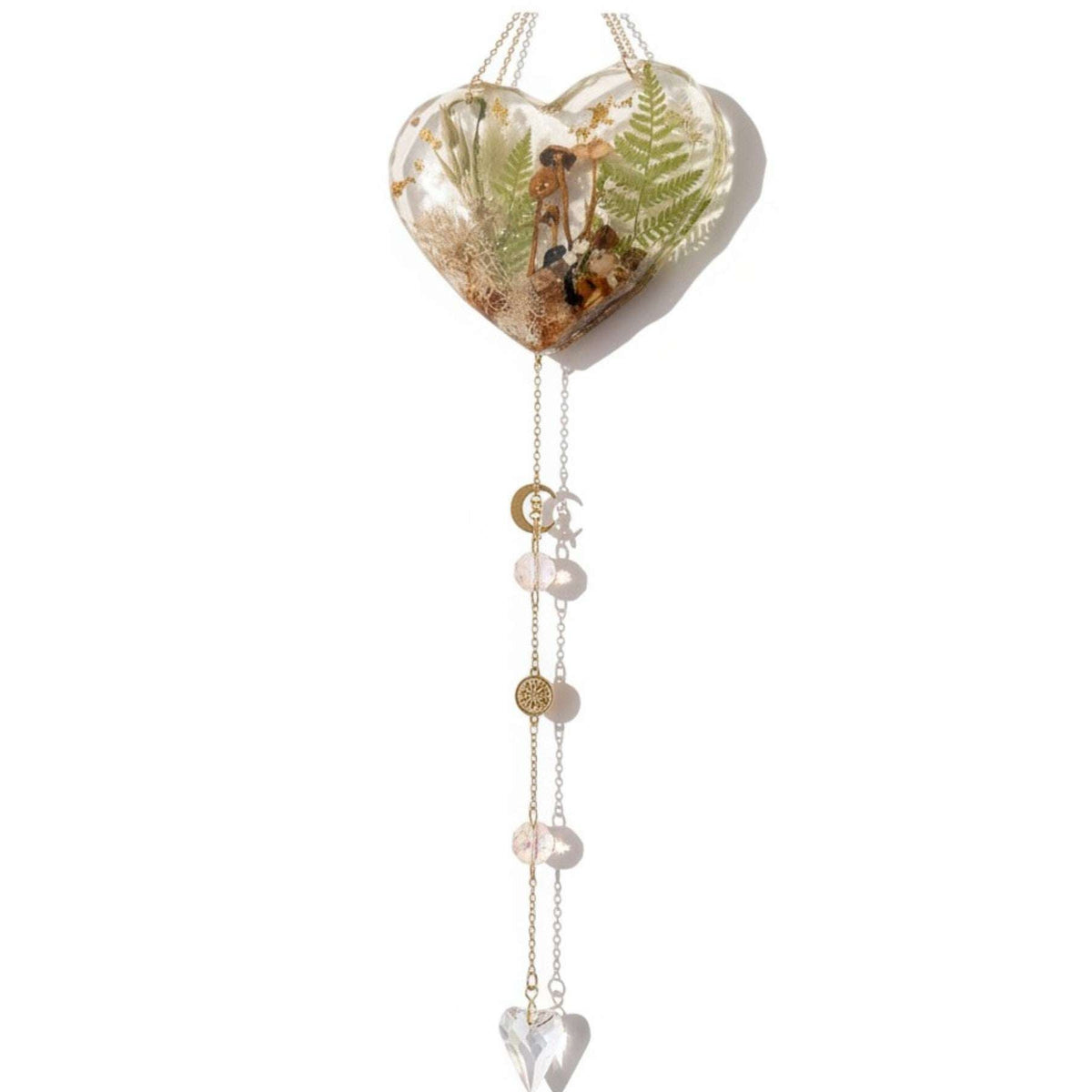Forest Heart Suncatcher botanical resin suncatcher heart with real mushrooms ferns and moss, handmade Canada