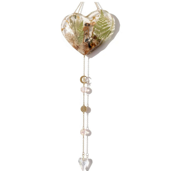 Forest Heart Suncatcher botanical resin suncatcher heart with real mushrooms ferns and moss, handmade Canada