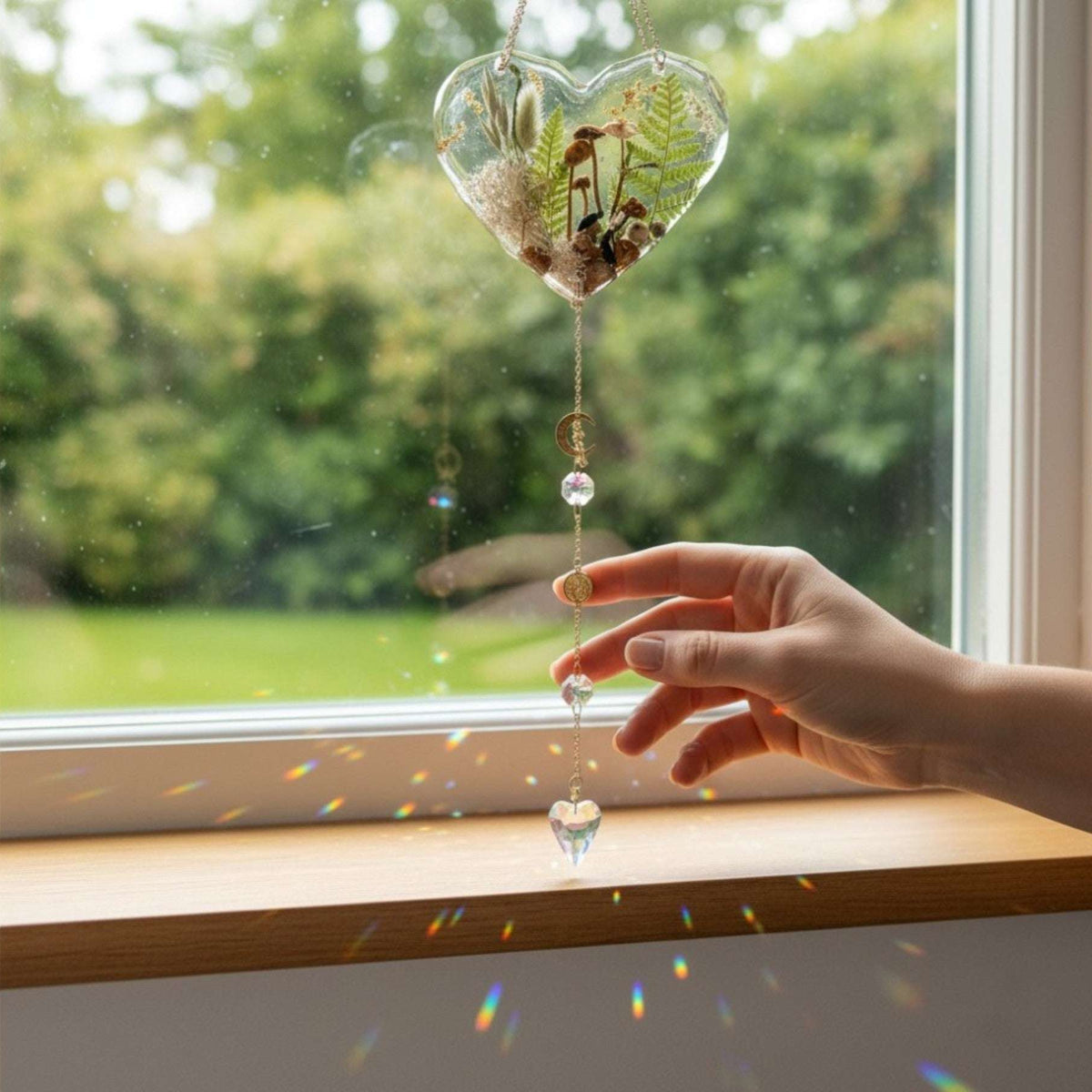 Forest Heart Suncatcher botanical resin suncatcher heart hanging in a sunny window casting rainbow light
