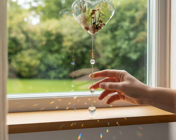 Forest Heart Suncatcher botanical resin suncatcher heart hanging in a sunny window casting rainbow light