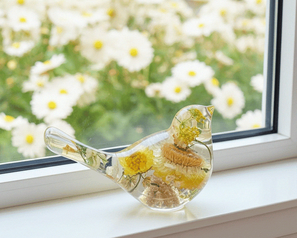 Handmade Golden Garden Songbird - Sunshine Strawflower Resin Bird