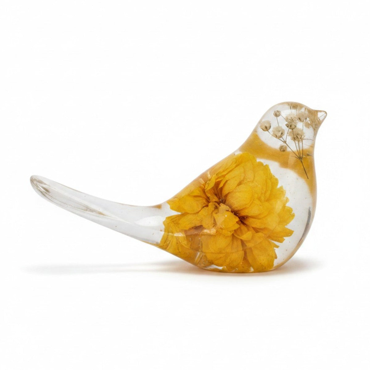 Handcrafted golden dahlia songbird resin decor with real yellow dahlia and white baby breath flowers