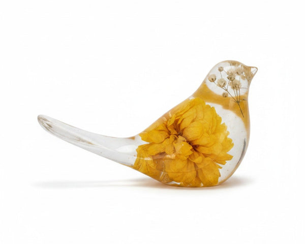 Handcrafted golden dahlia songbird resin decor with real yellow dahlia and white baby breath flowers