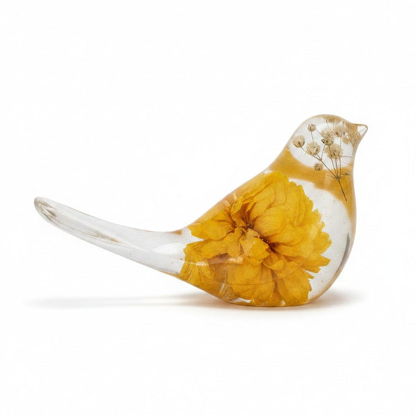 Handcrafted golden dahlia songbird resin decor with real yellow dahlia and white baby breath flowers