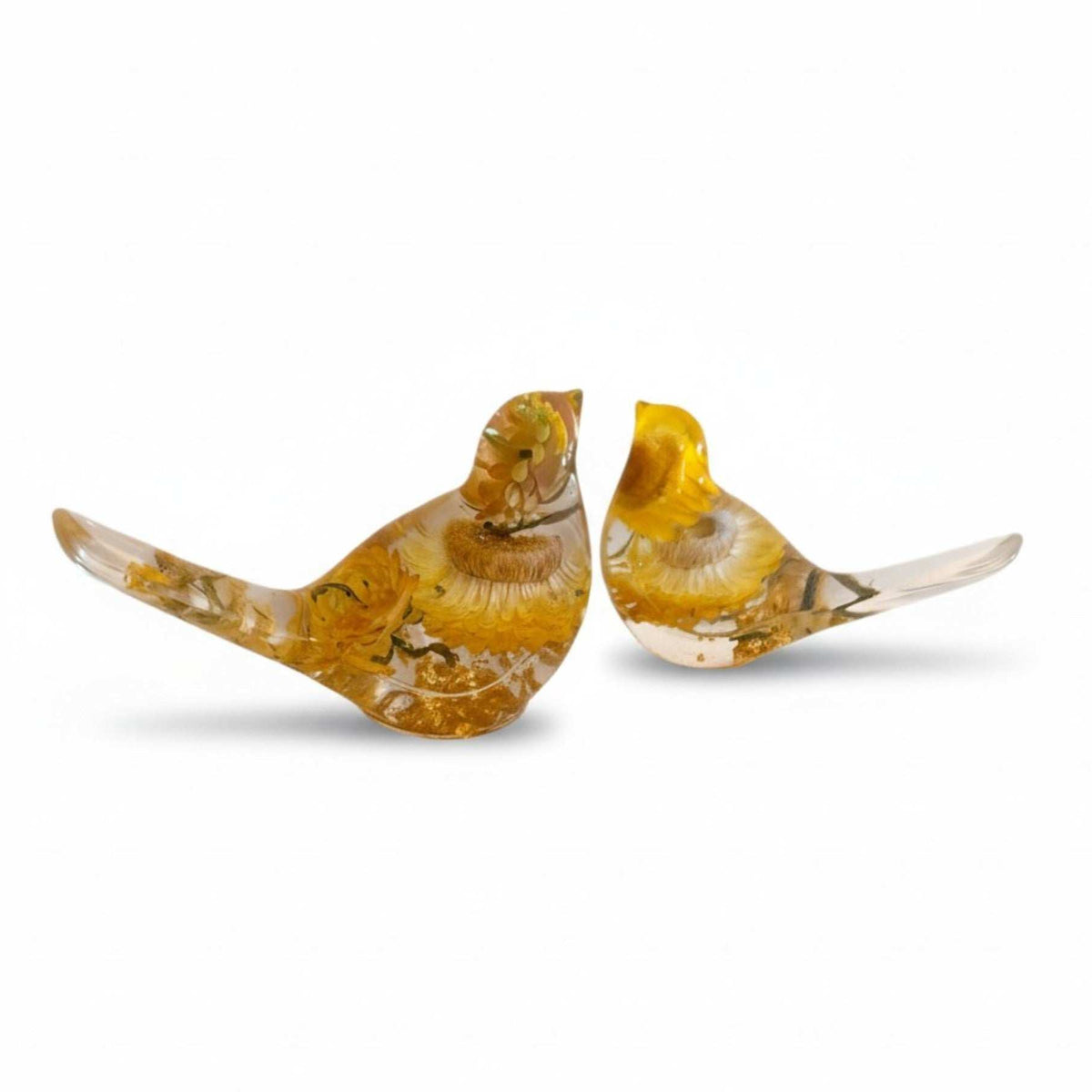 Golden Straw Duo strawflower resin bird pair with real preserved yellow strawflowers, handmade Canada