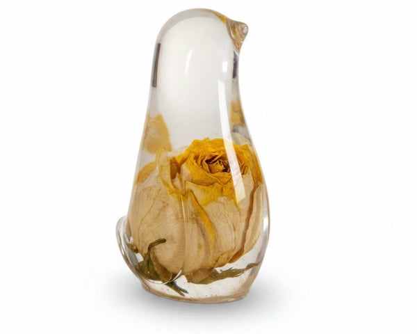 Sunshine Rose Songbird yellow rose resin bird decor with real preserved yellow rose in clear resin, handmade Canada