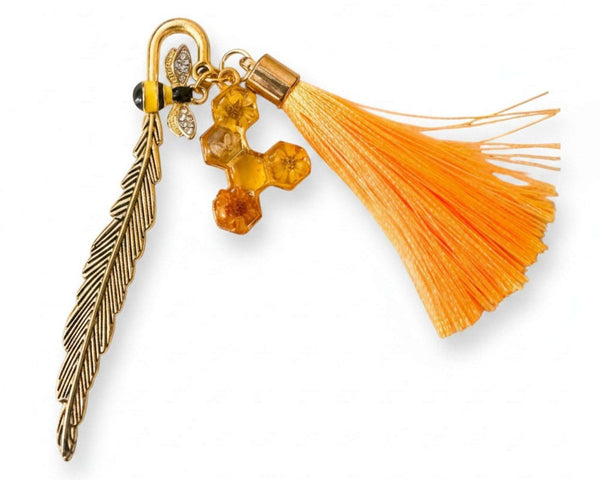 Amber Feather Bookmark honey bee bookmark handmade with gold feather hook, amber honeycomb and orange tassel
