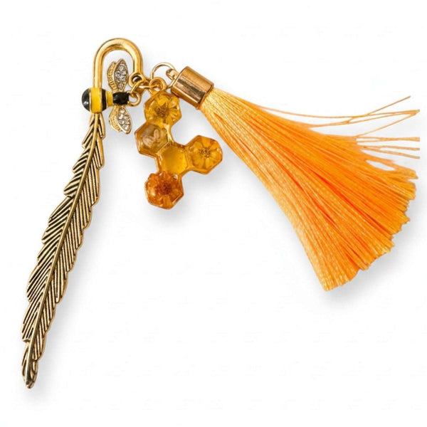Amber Feather Bookmark honey bee bookmark handmade with gold feather hook, amber honeycomb and orange tassel