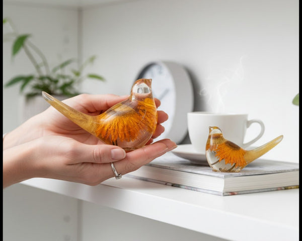 Golden strawflower resin bird pair with preserved yellow blooms and gold leaf shimmer