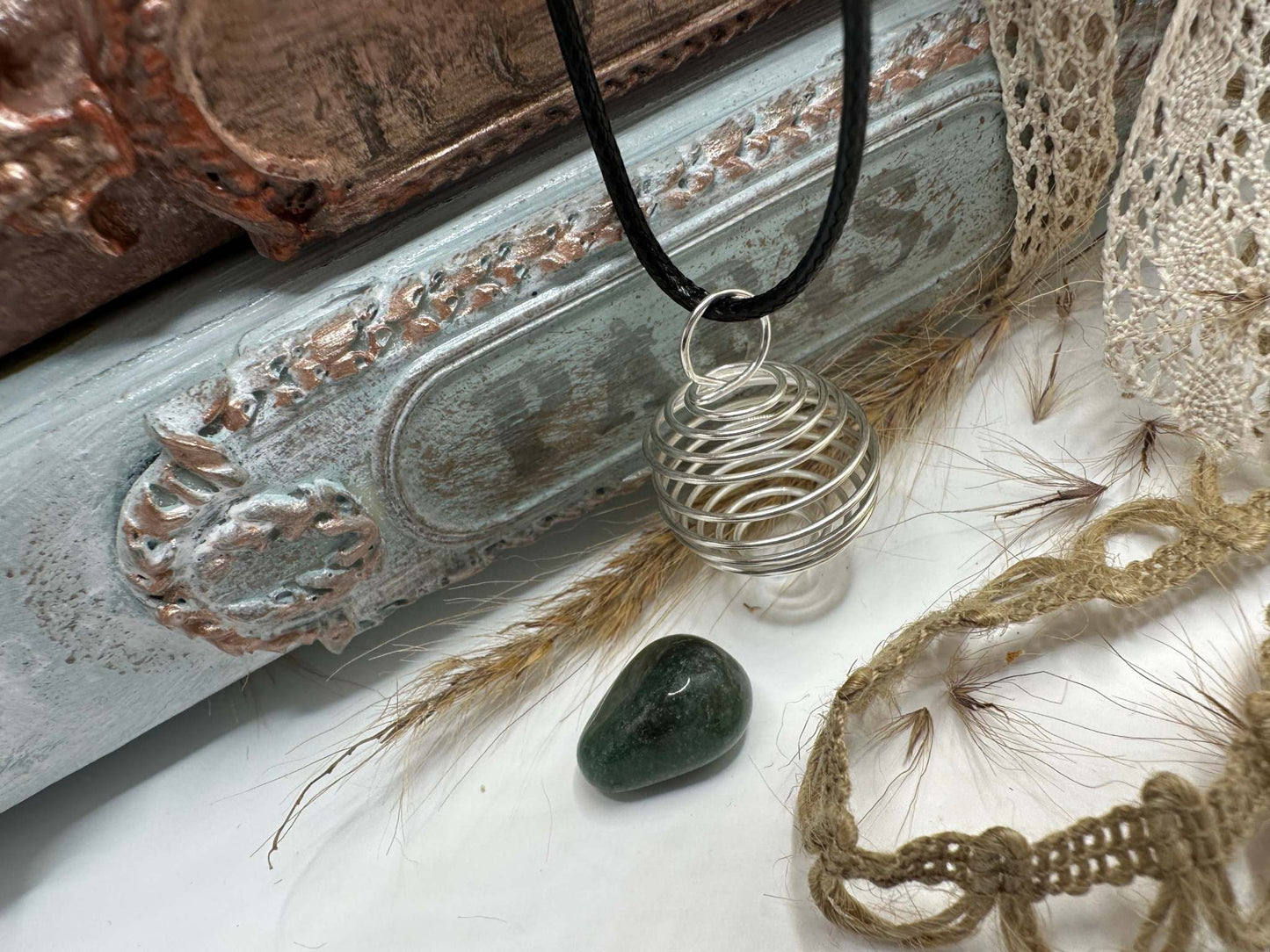 Crystal Cage Pendant Necklace - Green Aventurine