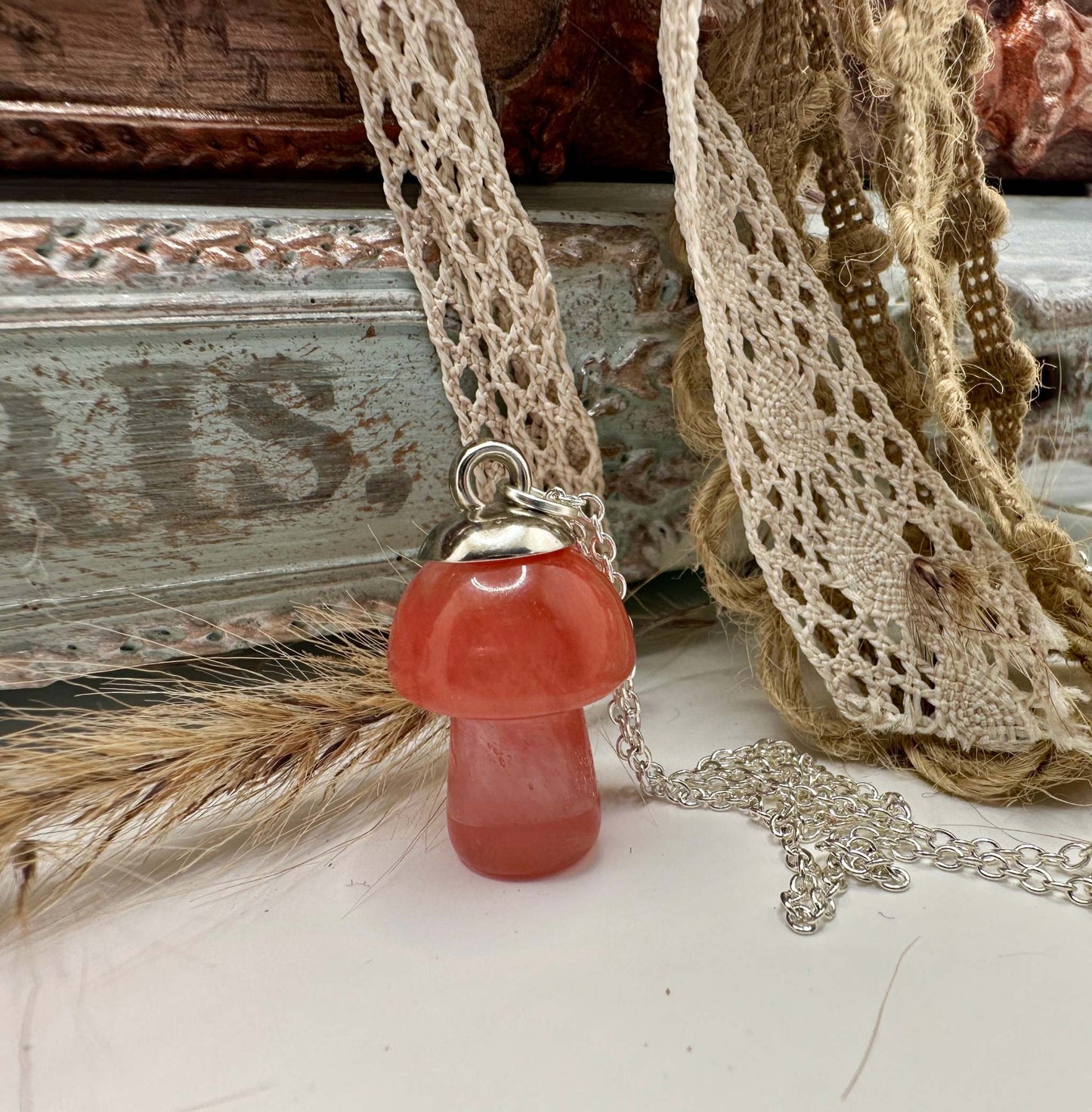 Crystal Mushroom Necklace - Cherry Quartz