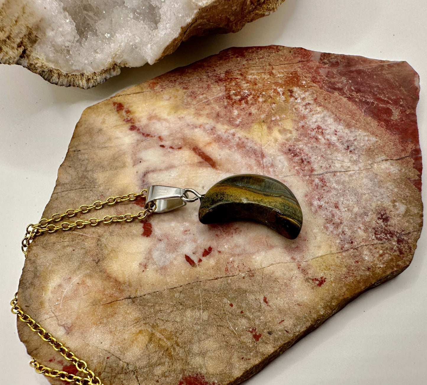 Moon Crystal Pendant Necklace - Tiger Eye