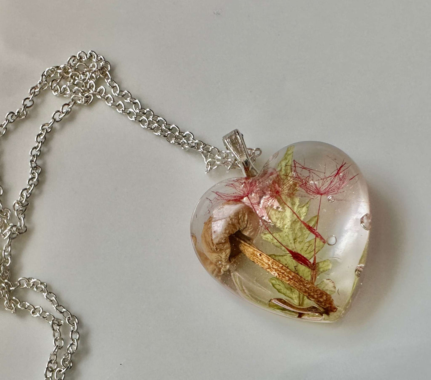 Whimsical Forest Heart Pendant Handmade with Dried Botanicals in Resin