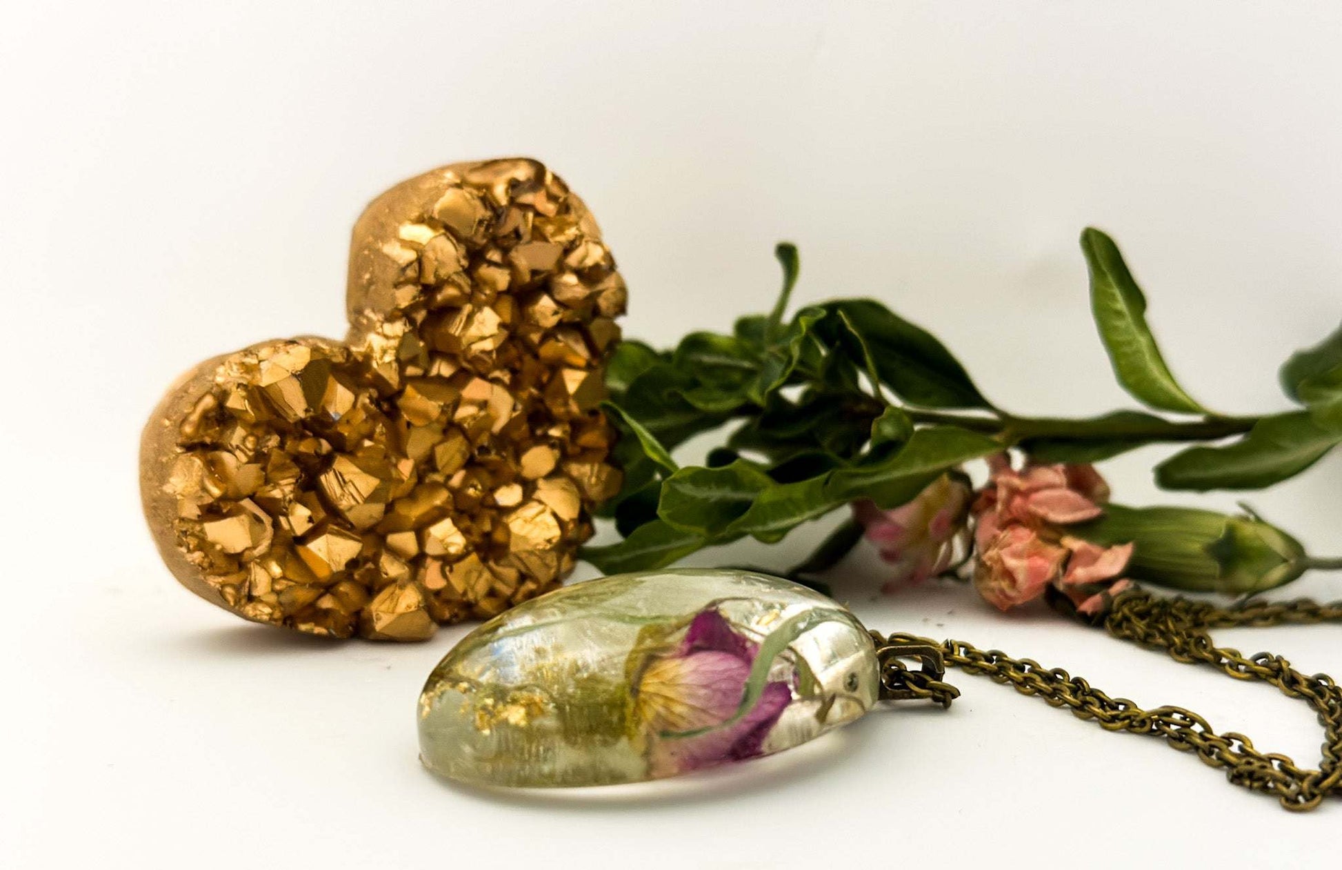 Rose Bud Bunny Tail Pendant Nature Inspired  Necklace