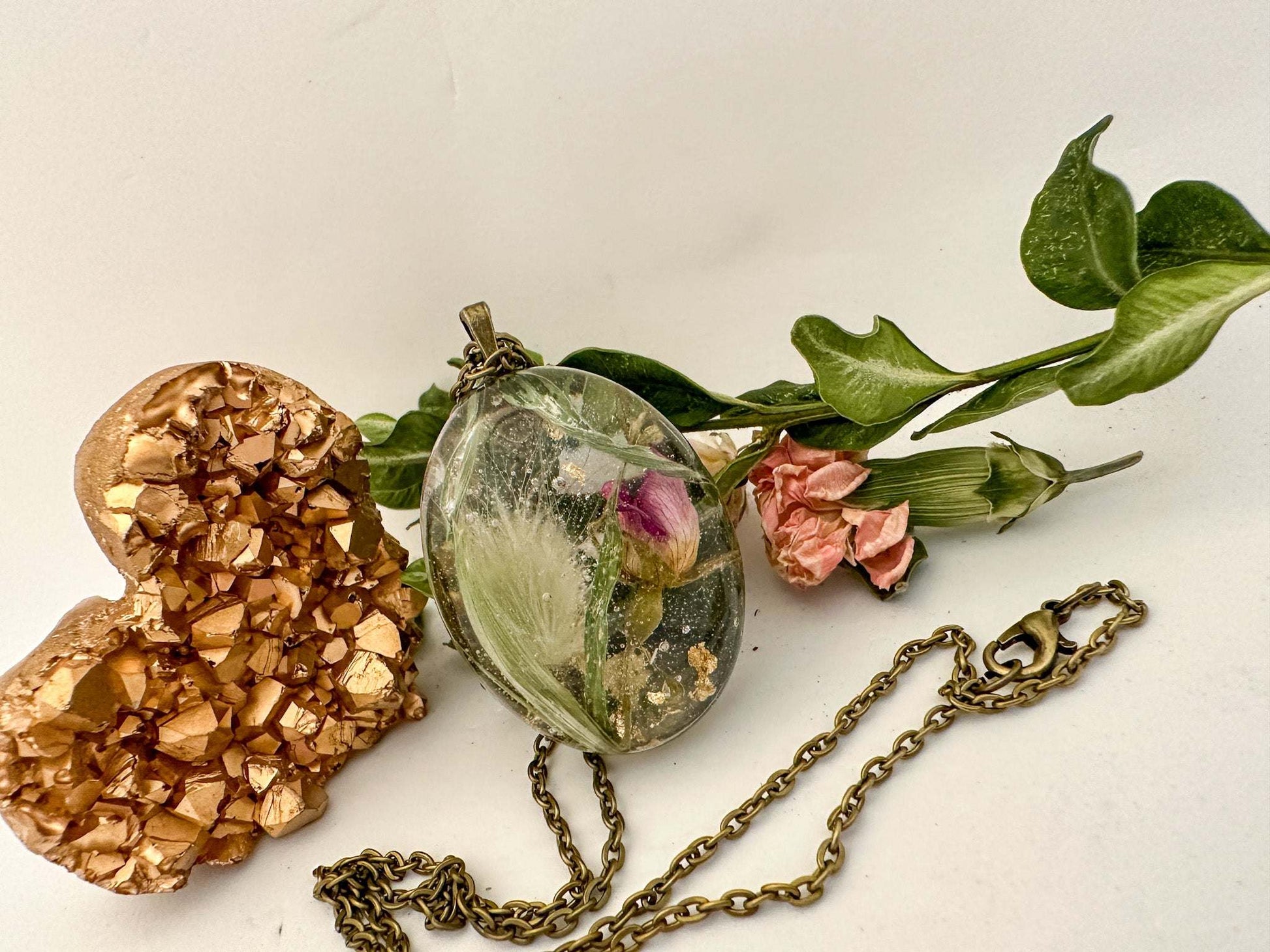 Rose Bud Bunny Tail Pendant Nature Inspired  Necklace